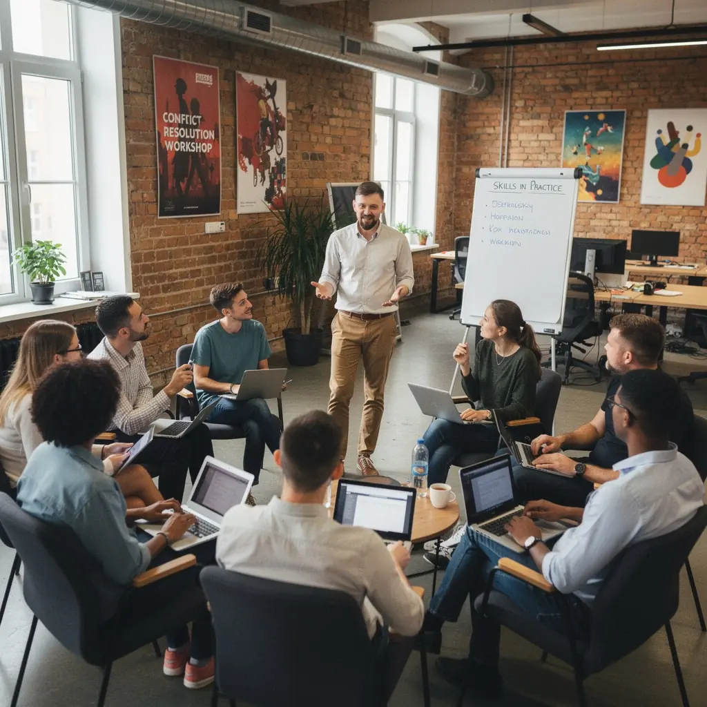 Prezentacja umiejętności zarządzania czasem przez trenera w sali szkoleniowej.